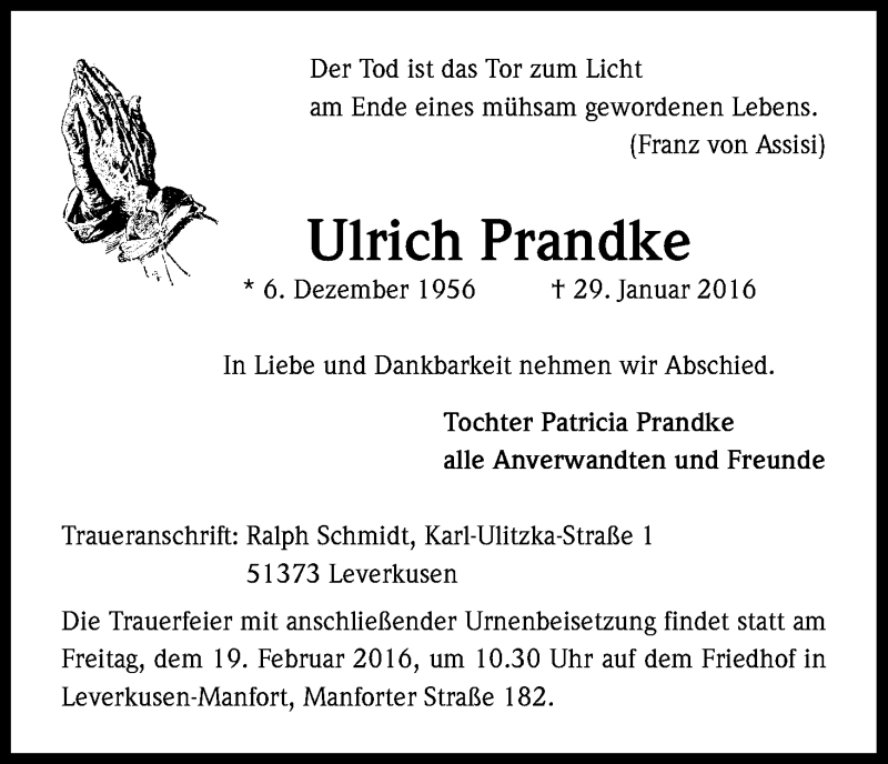  Traueranzeige für Ulrich Prandke vom 13.02.2016 aus Kölner Stadt-Anzeiger / Kölnische Rundschau / Express