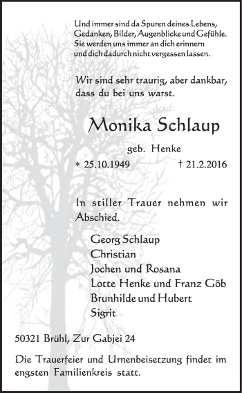 Anzeige von Monika Schlaup von  Schlossbote/Werbekurier 