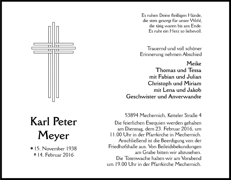  Traueranzeige für Karl Peter Meyer vom 20.02.2016 aus Kölner Stadt-Anzeiger / Kölnische Rundschau / Express