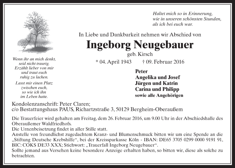  Traueranzeige für Ingeborg Neugebauer vom 24.02.2016 aus  Werbepost 