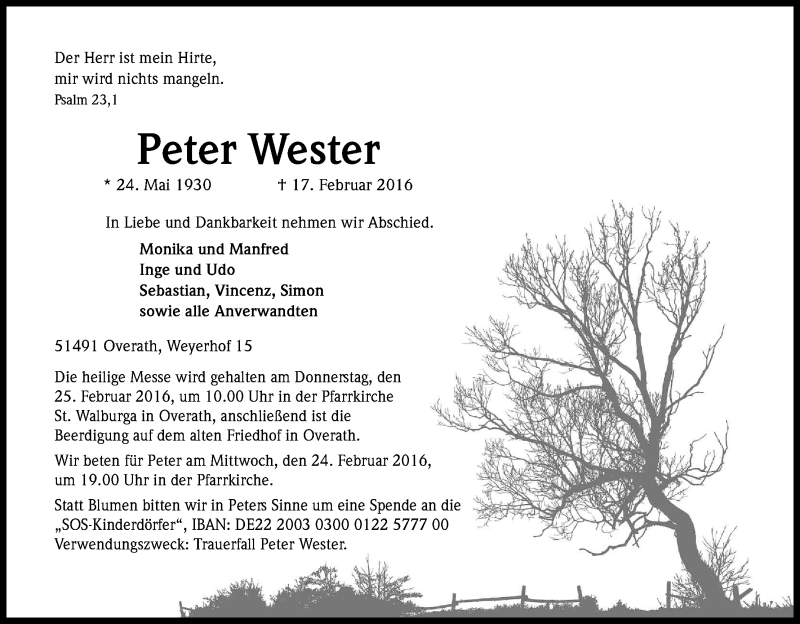  Traueranzeige für Peter Wester vom 22.02.2016 aus Kölner Stadt-Anzeiger / Kölnische Rundschau / Express