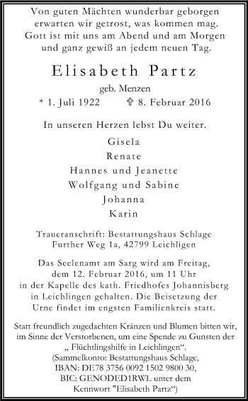Anzeige von Elisabeth Partz von Kölner Stadt-Anzeiger / Kölnische Rundschau / Express
