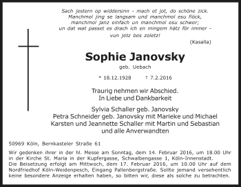 Anzeige von Sophie Janovsky von Kölner Stadt-Anzeiger / Kölnische Rundschau / Express