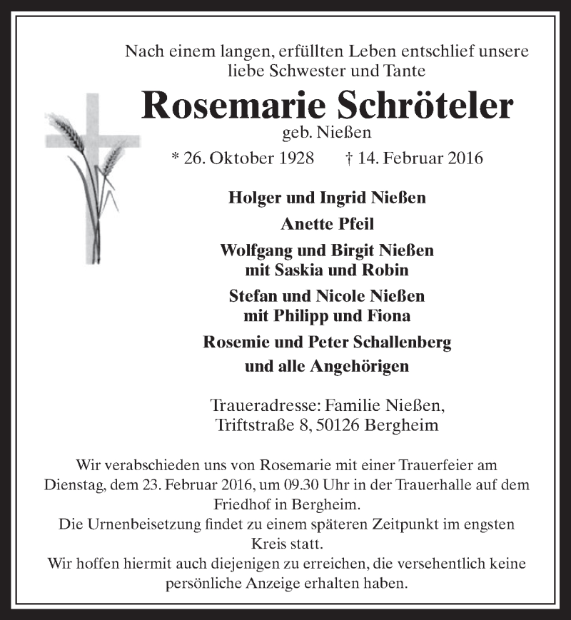  Traueranzeige für Rosemarie Schröteler vom 17.02.2016 aus  Werbepost 