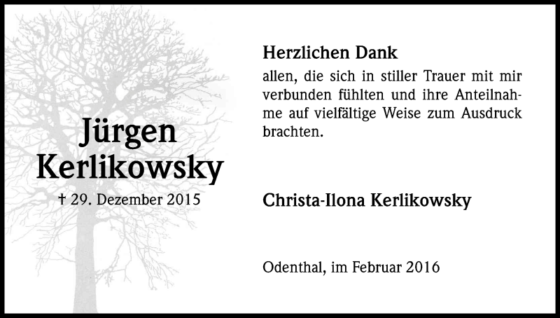  Traueranzeige für Jürgen Kerlikowsky vom 13.02.2016 aus Kölner Stadt-Anzeiger / Kölnische Rundschau / Express