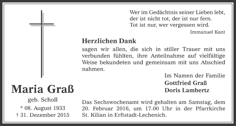  Traueranzeige für Maria Graß vom 10.02.2016 aus  Werbepost 