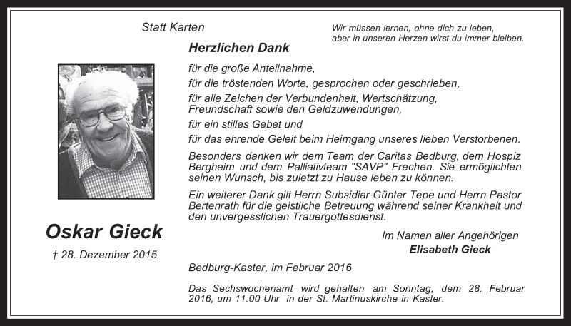  Traueranzeige für Oskar Gieck vom 17.02.2016 aus  Werbepost 