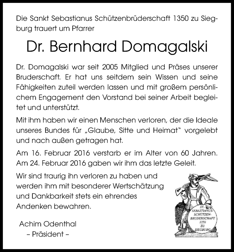  Traueranzeige für Bernhard Domagalski vom 25.02.2016 aus Kölner Stadt-Anzeiger / Kölnische Rundschau / Express