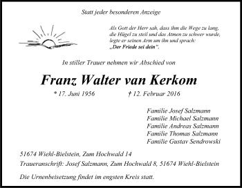 Anzeige von Franz-Walter van Kerkom von Kölner Stadt-Anzeiger / Kölnische Rundschau / Express