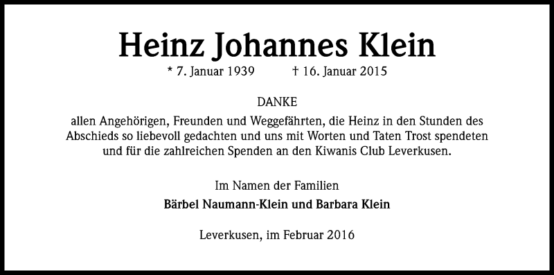  Traueranzeige für Heinz Johannes Klein vom 13.02.2016 aus Kölner Stadt-Anzeiger / Kölnische Rundschau / Express
