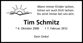 Anzeige von Tim Schmitz von Kölner Stadt-Anzeiger / Kölnische Rundschau / Express
