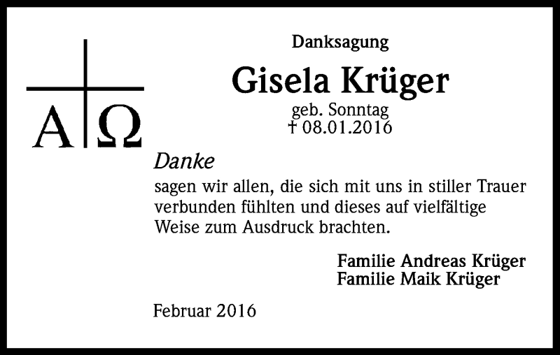  Traueranzeige für Gisela Krüger vom 13.02.2016 aus Kölner Stadt-Anzeiger / Kölnische Rundschau / Express