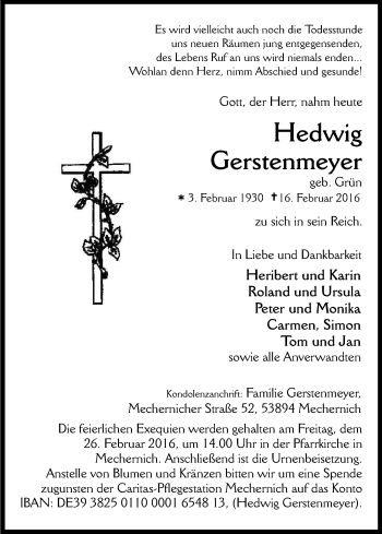 Anzeige von Hedwig Gerstenmeyer von Kölner Stadt-Anzeiger / Kölnische Rundschau / Express
