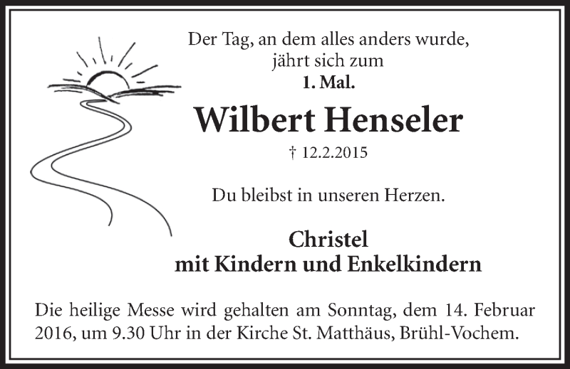  Traueranzeige für Wilbert Henseler vom 10.02.2016 aus  Schlossbote/Werbekurier 