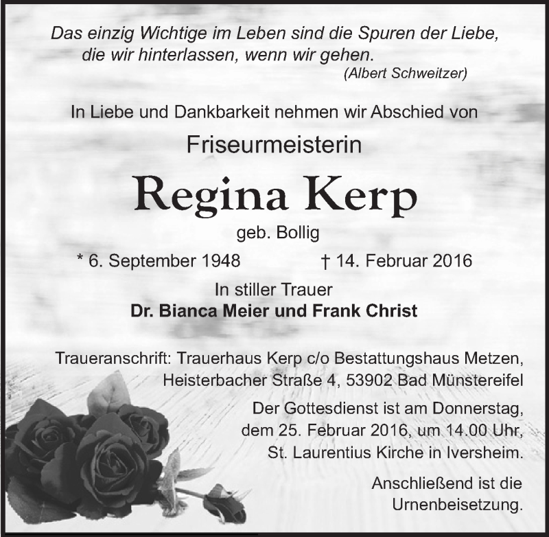  Traueranzeige für Regina Kerp vom 21.02.2016 aus  Blickpunkt Euskirchen 