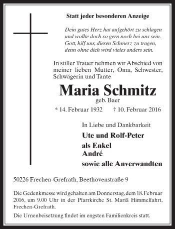 Anzeige von Maria Schmitz von  Wochenende 