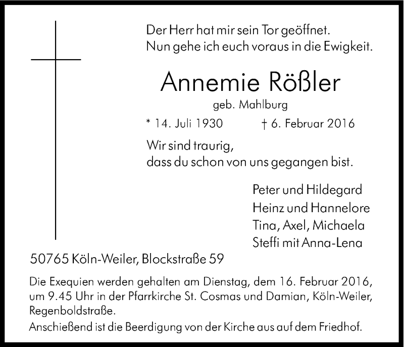  Traueranzeige für Annemie Rößler vom 13.02.2016 aus Kölner Stadt-Anzeiger / Kölnische Rundschau / Express