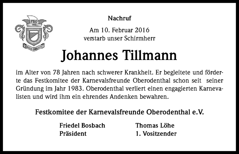  Traueranzeige für Johannes Tillmann vom 20.02.2016 aus Kölner Stadt-Anzeiger / Kölnische Rundschau / Express