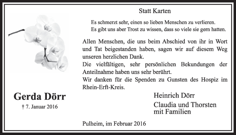  Traueranzeige für Gerda Dörr vom 20.02.2016 aus  Sonntags-Post 