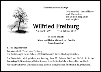 Anzeige von Wilfried Freiburg von Kölner Stadt-Anzeiger / Kölnische Rundschau / Express