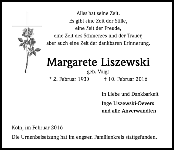 Anzeige von Margarete Liszewski von Kölner Stadt-Anzeiger / Kölnische Rundschau / Express