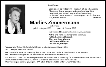 Anzeige von Marlies Zimmermann von Kölner Stadt-Anzeiger / Kölnische Rundschau / Express