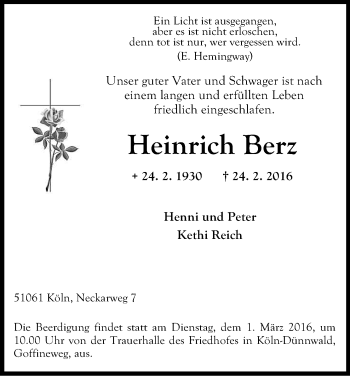 Anzeige von Heinrich Berz von Kölner Stadt-Anzeiger / Kölnische Rundschau / Express