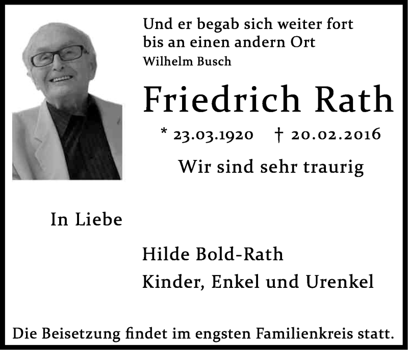  Traueranzeige für Friedrich Rath vom 27.02.2016 aus Kölner Stadt-Anzeiger / Kölnische Rundschau / Express