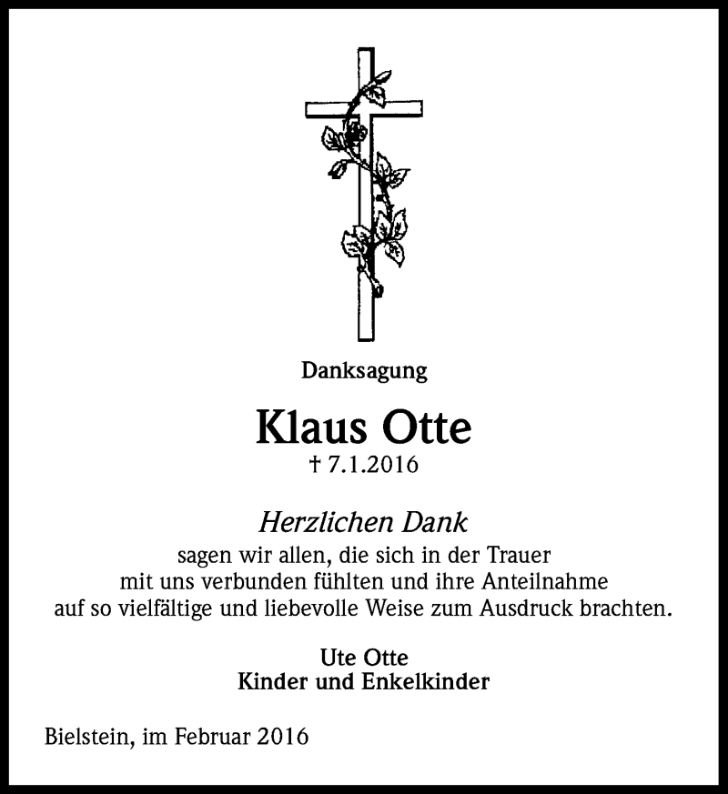  Traueranzeige für Klaus Otte vom 20.02.2016 aus Kölner Stadt-Anzeiger / Kölnische Rundschau / Express