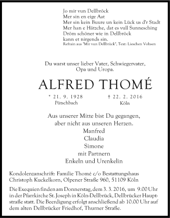 Anzeige von Alfred Thomé von Kölner Stadt-Anzeiger / Kölnische Rundschau / Express
