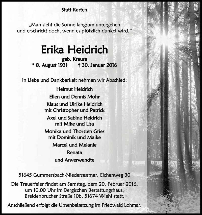  Traueranzeige für Erika Heidrich vom 13.02.2016 aus Kölner Stadt-Anzeiger / Kölnische Rundschau / Express
