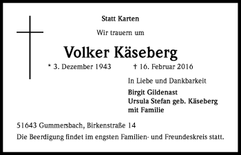 Anzeige von Volker Käseberg von Kölner Stadt-Anzeiger / Kölnische Rundschau / Express