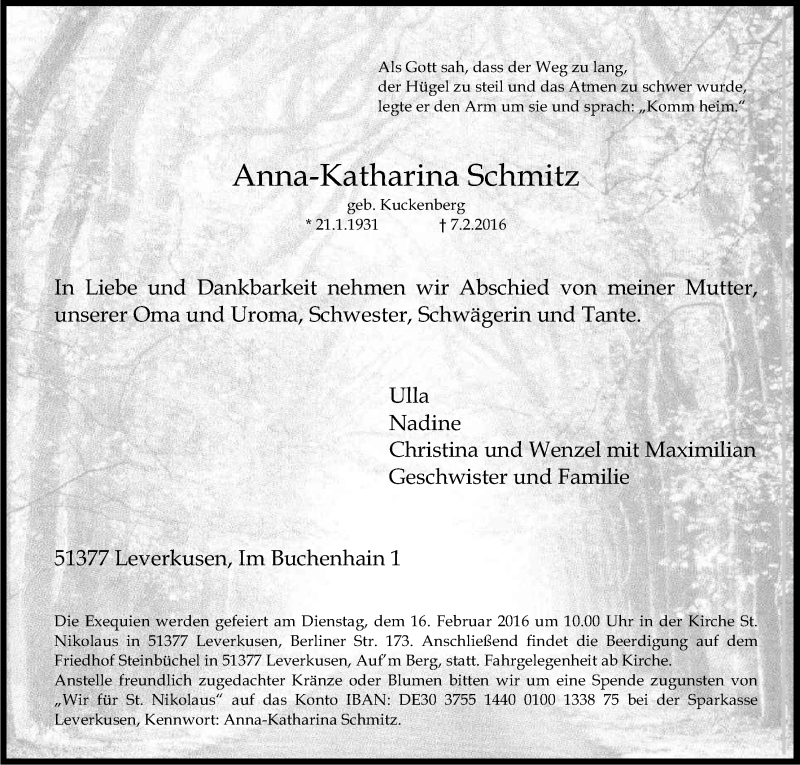  Traueranzeige für Anna-Katharina Schmitz vom 13.02.2016 aus Kölner Stadt-Anzeiger / Kölnische Rundschau / Express