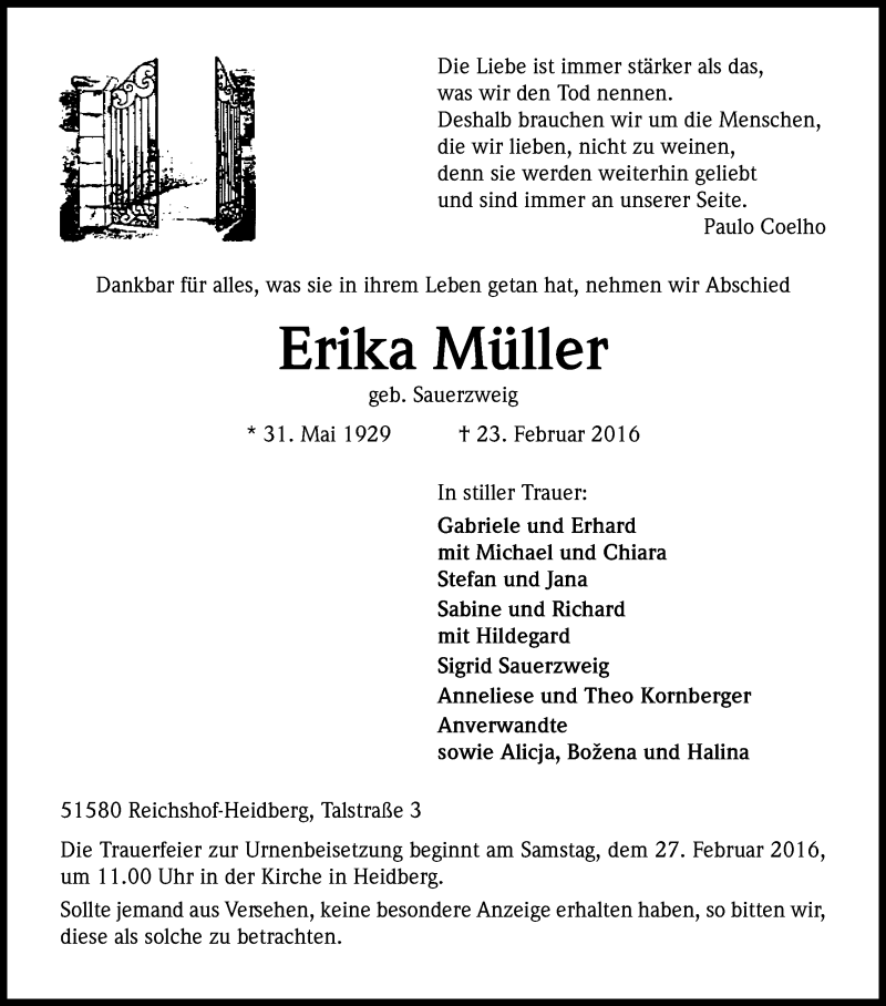  Traueranzeige für Erika Müller vom 24.02.2016 aus Kölner Stadt-Anzeiger / Kölnische Rundschau / Express