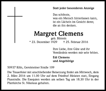 Anzeige von Margret Clemens von Kölner Stadt-Anzeiger / Kölnische Rundschau / Express