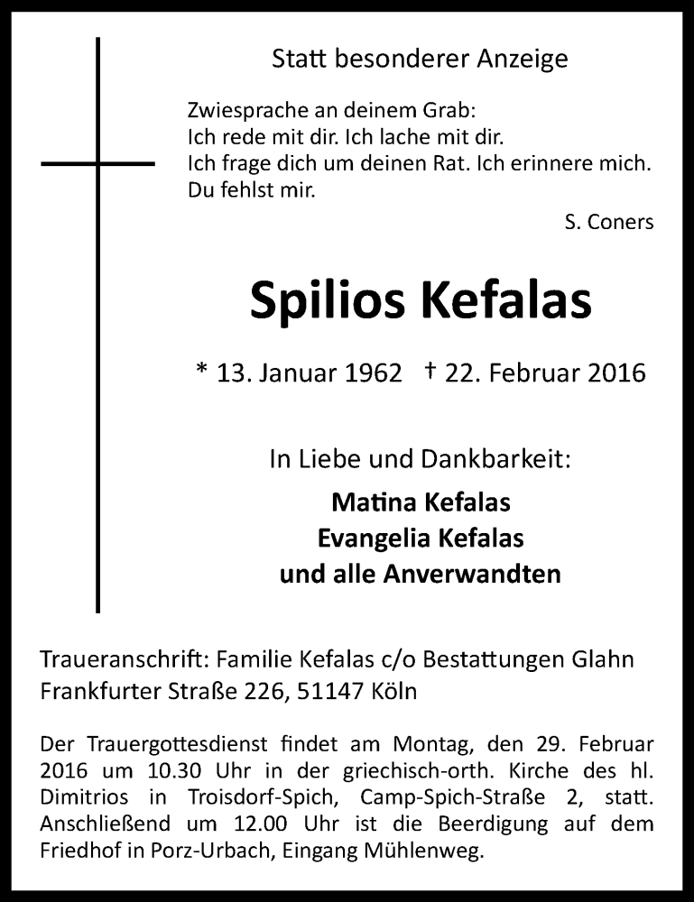  Traueranzeige für Spilios Kefalas vom 27.02.2016 aus 
