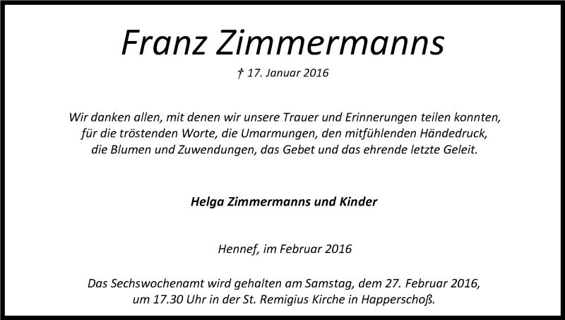  Traueranzeige für Franz Zimmermanns vom 13.02.2016 aus Kölner Stadt-Anzeiger / Kölnische Rundschau / Express