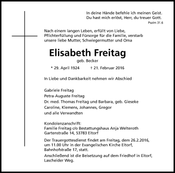 Anzeige von Elisabeth Freitag von Kölner Stadt-Anzeiger / Kölnische Rundschau / Express
