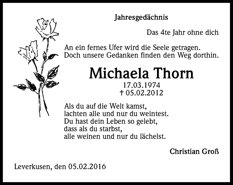  Traueranzeige für Michaela Thorn vom 05.02.2016 aus Kölner Stadt-Anzeiger / Kölnische Rundschau / Express