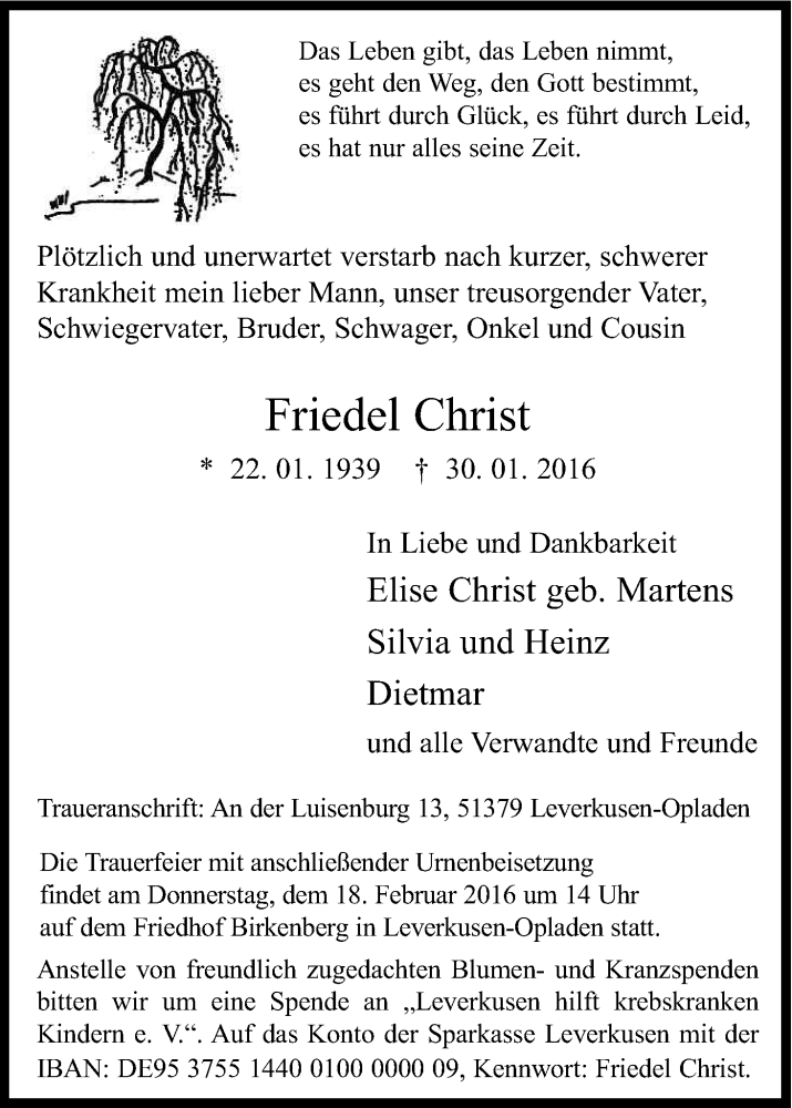  Traueranzeige für Friedel Christ vom 13.02.2016 aus Kölner Stadt-Anzeiger / Kölnische Rundschau / Express