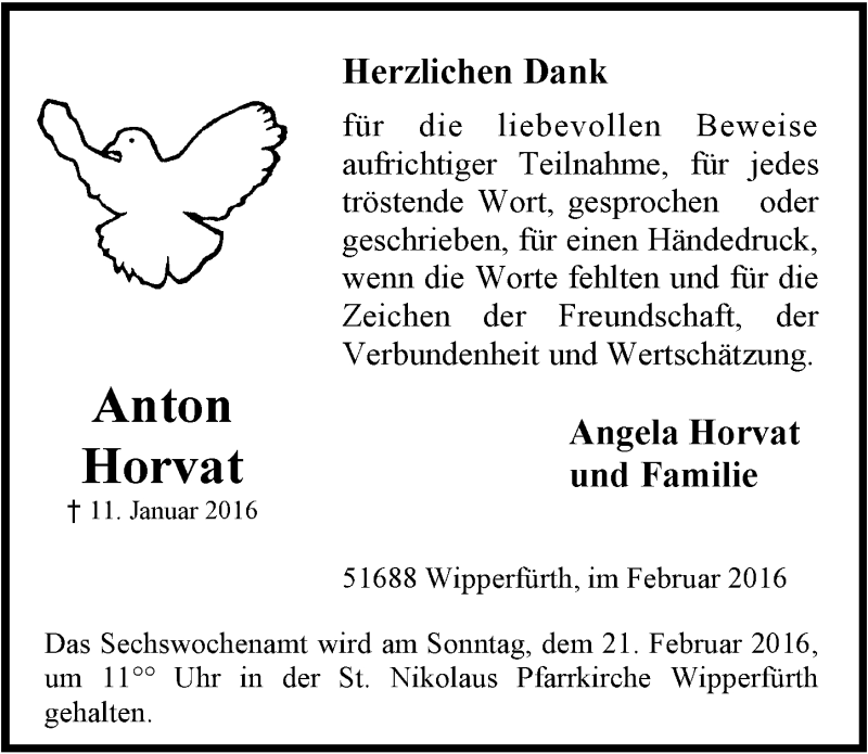 Traueranzeige für Anton Horvat vom 10.02.2016 aus  Anzeigen Echo 