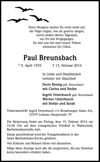 Anzeige von Paul Breunsbach von Kölner Stadt-Anzeiger / Kölnische Rundschau / Express