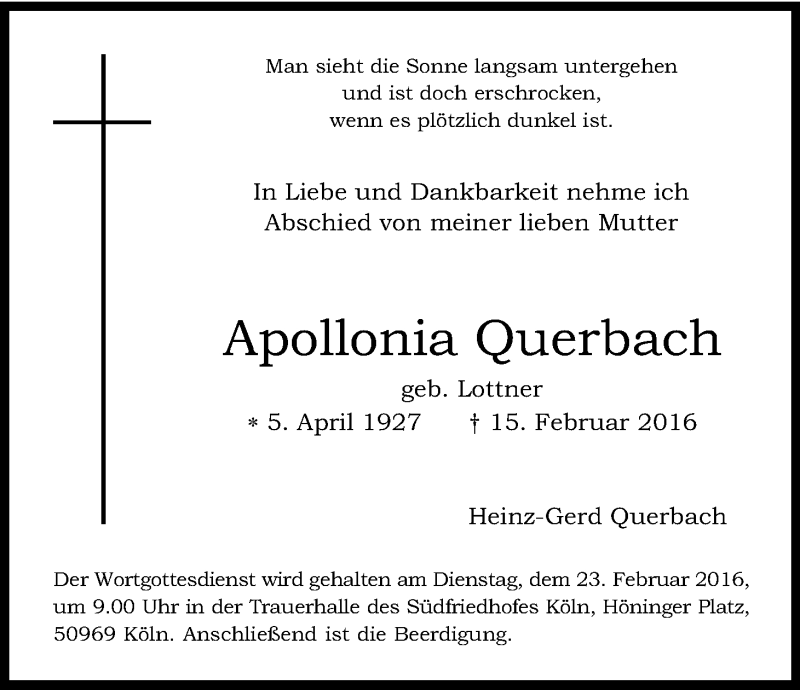  Traueranzeige für Apollonia Querbach vom 20.02.2016 aus Kölner Stadt-Anzeiger / Kölnische Rundschau / Express