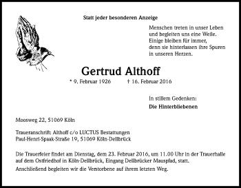 Anzeige von Gertud Althoff von Kölner Stadt-Anzeiger / Kölnische Rundschau / Express