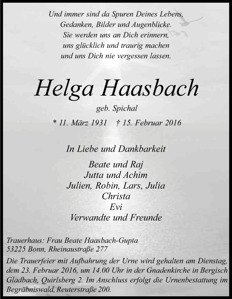  Traueranzeige für Helga Haasbach vom 20.02.2016 aus Kölner Stadt-Anzeiger / Kölnische Rundschau / Express