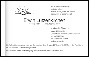 Anzeige von Erwin Lützenkirchen von Kölner Stadt-Anzeiger / Kölnische Rundschau / Express