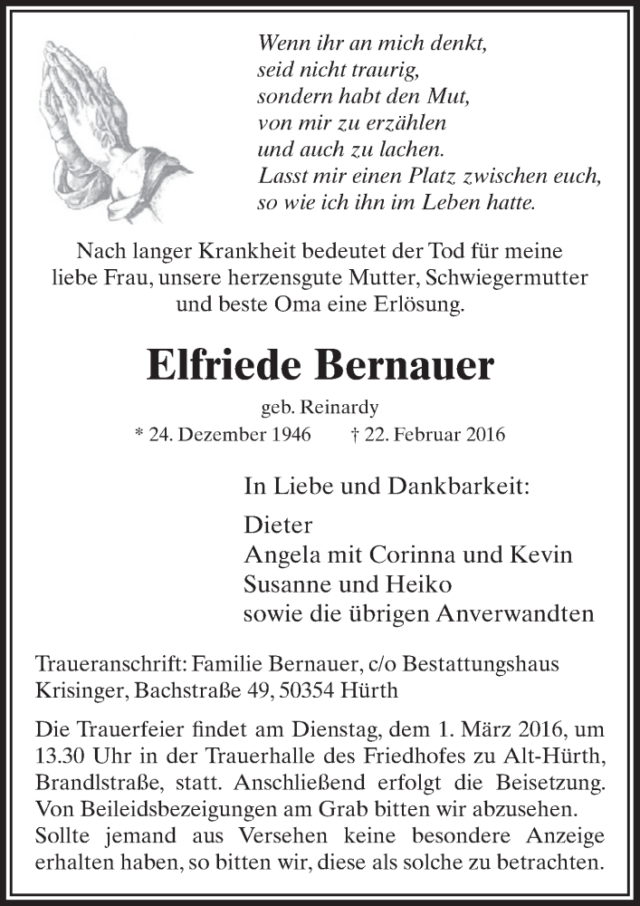  Traueranzeige für Elfriede Bernauer vom 27.02.2016 aus  Sonntags-Post 