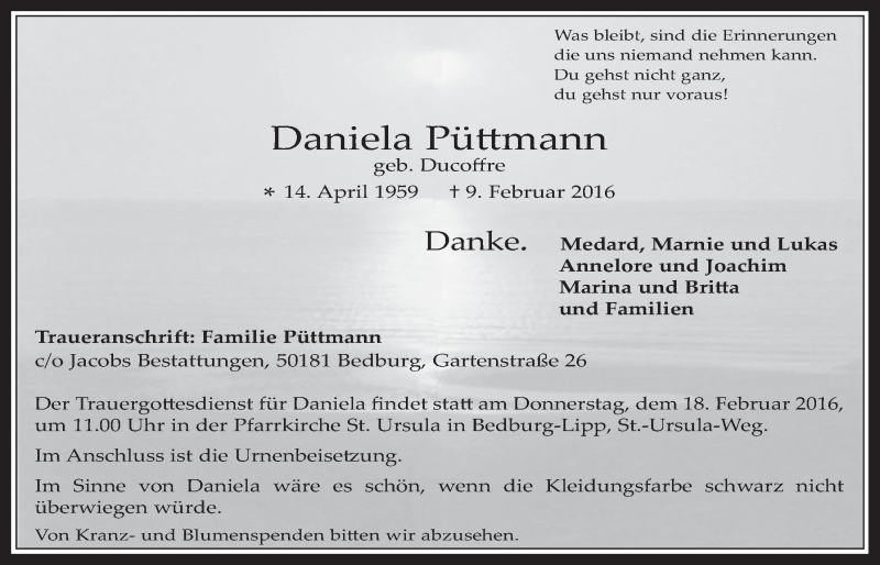  Traueranzeige für Daniela Püttmann vom 17.02.2016 aus  Werbepost 