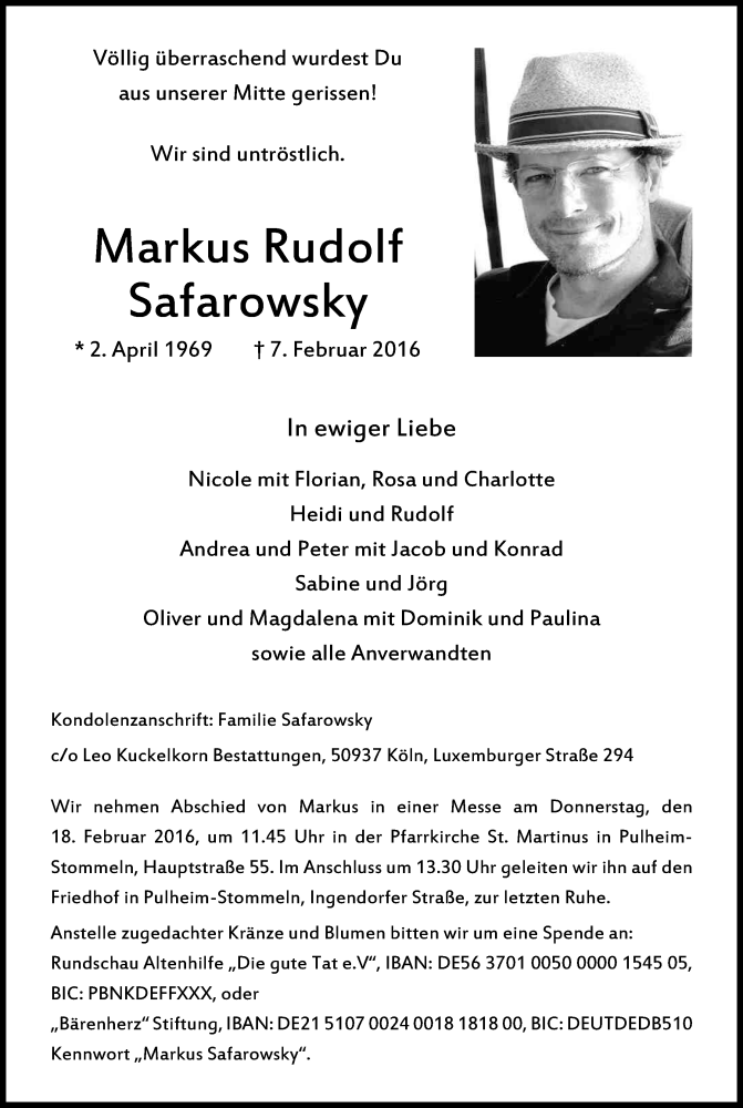  Traueranzeige für Markus Rudolf Safarowsky vom 13.02.2016 aus Kölner Stadt-Anzeiger / Kölnische Rundschau / Express