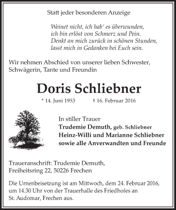 Anzeige von Doris Schliebner von  Sonntags-Post 